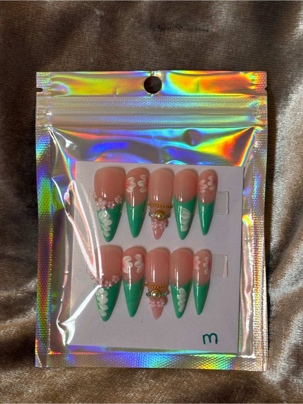 π
#532- Mint Green Floral French Tip Medium Stilletto 3.0